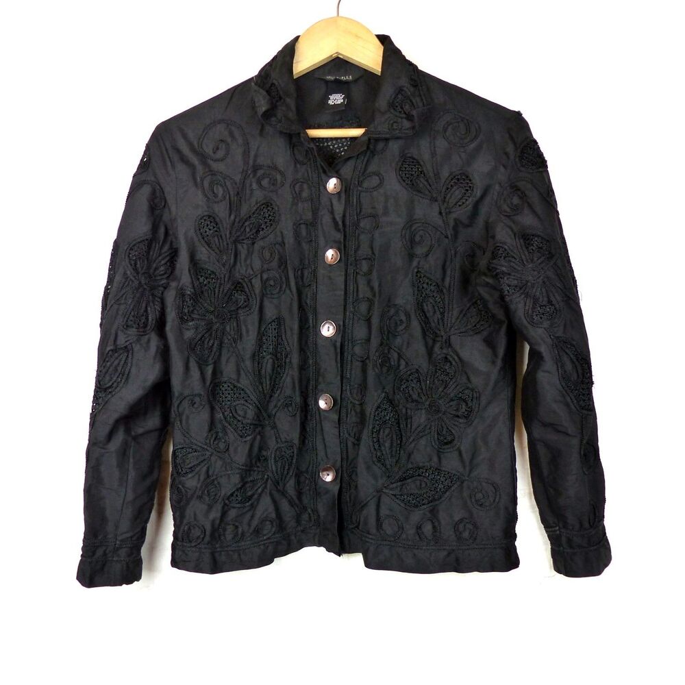 Multiples Black Silk Jacket Womens S Soutache Embroidered Floral Button Boho